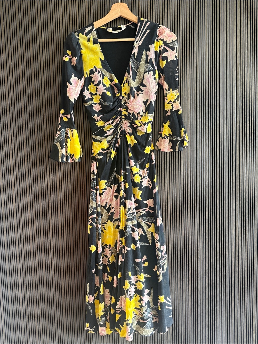 Diane Von Furstenberg Silas Black Maxi Dress with Yellow & Pink Floral Print